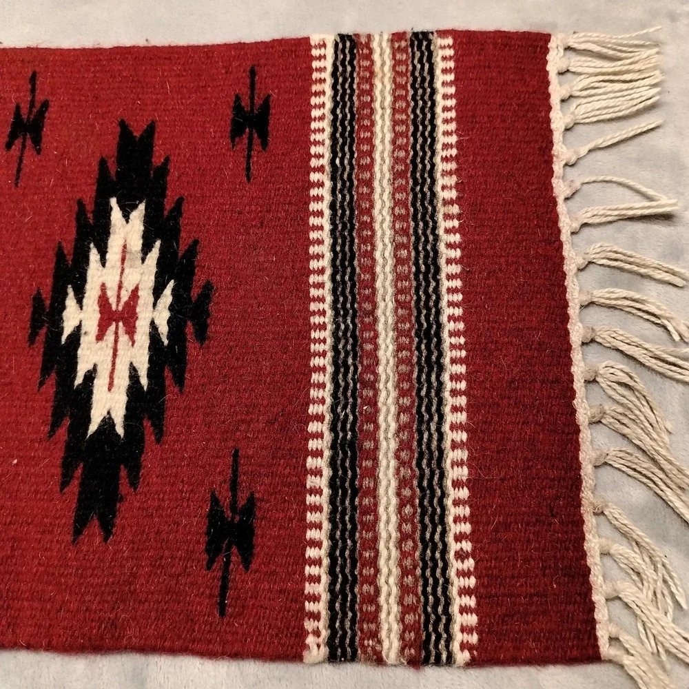 Vintage Handwoven Rug Small Red Southwest Wool Tapestry Table Runner Boho Tribal